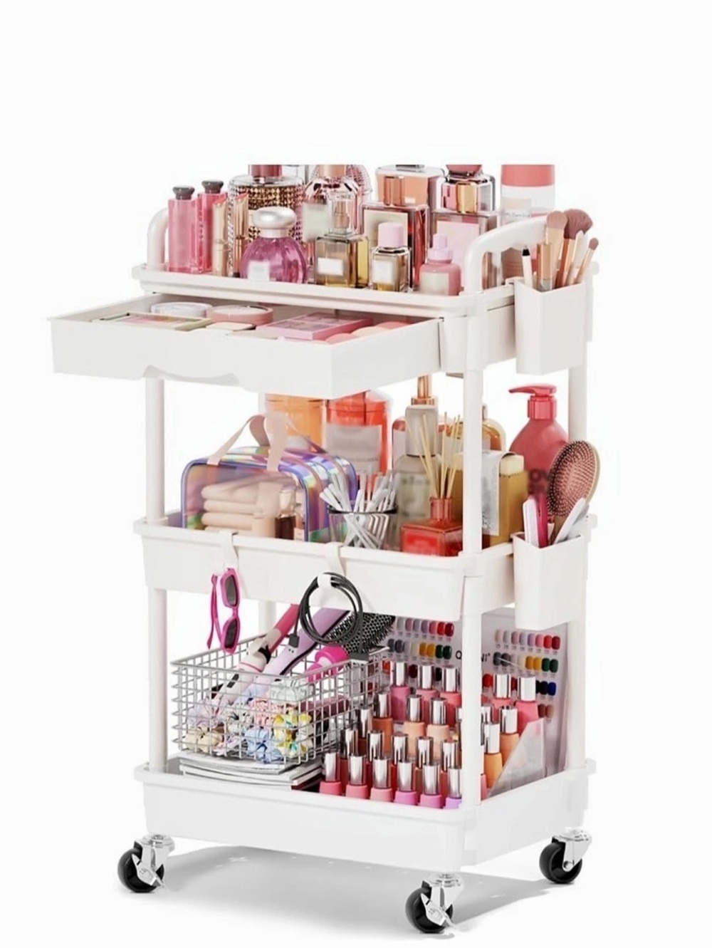 White Rolling Makeup Organizer CartRolling Makeup Organizer Cart with Removable
